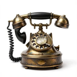 steampunk vintage telephone, high detail macro photography, isolated on a pure white background, centered, entire object in frame, sharp focus, soft studio lighting