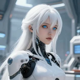 perfect white haired girl, warframe armor, beautiful, dreamy, pretty face, blue eyes, portrait, bright light, scifi, utopian architecture in the background, laboratory, ultra realistic, intricate, cyborg, android, extreme details, focused, masterpiece, art by seunghee lee, blair armitage