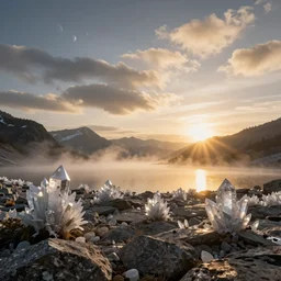 epic crystalline taiga with a lake, golden hour, misty ground, rocky ground, distant mountains, atmospheric perspective, altostratus clouds, planets, cinematic, 3 5 mm lens, anamorphic lens flare, photographic, octane render, cinematography by roger deakins, in the style of ansel adams