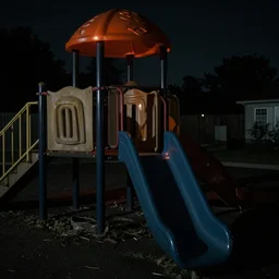 a playground at night with only one orange light, creepy, found footage