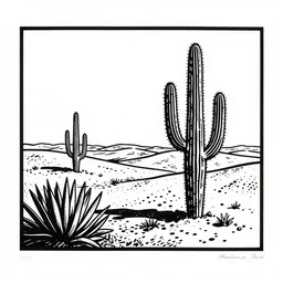art by david frazer, a beautiful black ink linocut print of a desert with a few cacti here and there, 8 k, frostbite 3 engine, cryengine, dof, trending on artstation, digital art, crepuscular ray
