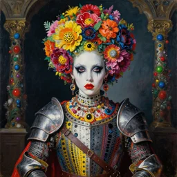 portrait of a medieval warrior yayoi kusama, goth punk, floral flowers, vibrant colors, surreal, a flemish baroque by alexander mcqueen, art by john collier by greg rutkowski and craig mullins, oil on canvas