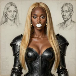 cold warrior portrait, mulatto,, beautiful face, beautiful features, white lips, long golden hair, black closed leather dress, leather armor, iron armor, gold earrings, alexander mcqueen clothing, very beautiful style, realism, oil, durer drawing graphics, edgard mcsons, - 8 k