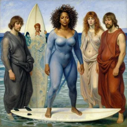 a beautiful painting of oprah winfrey on a surfboard by john everett millais and dante gabriel rossetti and john collier and john william waterhouse, preraphaelite, detailed, trending on artstation, hd, masterpiece
