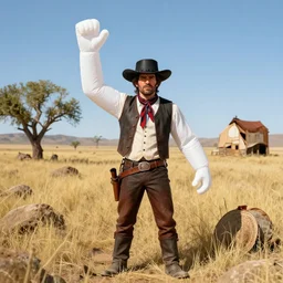 character portrait surrounded by the wild west. wacky waving inflatable arm flailing tube man!!! as a character in red dead redemption 2.