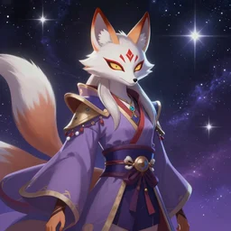 a painted avatar portrait of an awesome cosmic powerful humanoid kitsune fox mage themed around life and death and the stars and the cosmos, in the style of dnd beyond avatar portraits, beautiful, artistic, elegant, lens flare, magical, lens flare, nature, realism, stylized, art by jeff easley