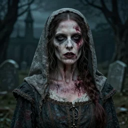 head and shoulders vogue fashion photo portrait of a decaying female medieval villager zombie in a dark nighttime medieval graveyard, d & d