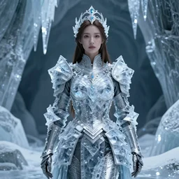 a regal brown woman wearing an intricate and detailed armor made of many layers of ice. fragile!! elaborate. ice caves. glaciers. stalactites. dramatic shadows. reflections. volumetric lighting. textures. delicate. translucent. studio portrait. photorealistic. octane render