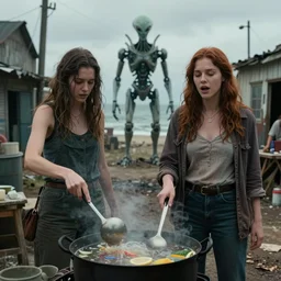she makes the deep boil. dark fantasy story about two casually - dressed women in a dirty seaside town, a globster, and a beautiful song. color cinematic still from an action - packed 2 0 1 1 gunning!! hybridizing alien - robot invasion science - fiction blockbuster movie ; highly - detailed.