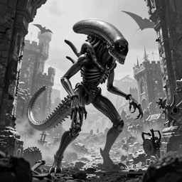 prometheus movie monster, xenomorph, highly detailed background, black and white, unkown city, haze, landscape, castle, 4 k, photograph, tentacles, chainsaw, manta ray, basalt columns, structure