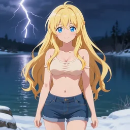 a very beautiful anime girl, full body, long wavy blond hair, sky blue eyes, full round face, short smile, cute top, short jeans, winter lake setting, cinematic lightning, medium shot, mid-shot, highly detailed, trending on Artstation, Unreal Engine 4k, cinematic wallpaper by Stanley Artgerm Lau, WLOP, Rossdraws, James Jean, Andrei Riabovitchev, Marc Simonetti, and Sakimichan