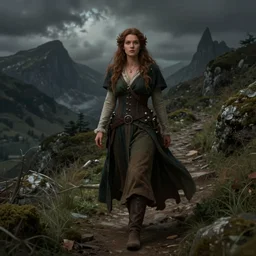 a enchanting portrait of a female hobbit on a dark mountain trail, concept art, dndart, fantasy portrait, 4 k, hires, art by jack davis and artgerm