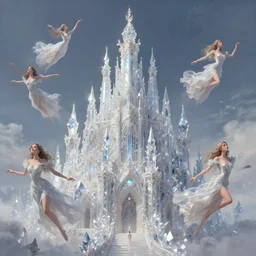 dreaming of crystal castles in the sky, a better world, filled with majestic women, flying, photograph, digital painting, matte, sharp focus, elegant, intricate, detailed