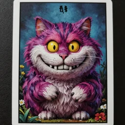 Cheshire Cat Death Tarot card,highly detailed,half skull face,cinematic,8k,by Stanley Artgermm,Tom Bagshaw,Greg Rutkowski,Carne Griffiths, Ayami Kojima, Beksinski, Giger,trending on DeviantArt,hyper detailed,horror, full of colour