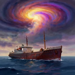 A shipwreck on the surface of Pluto, a colorful hurricane in the sky, digital art, artstationhq, by Jordan Grimmer and Victor Mosquera