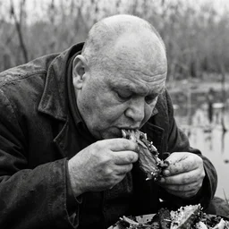 movie still by tarkovsky close up of a giant obese old bald man wear dark clothes eating meat, a swamp, cinestill 8 0 0 t 3 5 mm b & w, heavy grain, high quality, noir, natural textures, photorealistic, ambient occlusion, hd, mud, fog