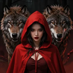 red riding hood with a seductive look hiding from the big bad wolf, highly detailed, artstation, intricate, smooth, sharp focus, dark, horror, illustration, art by greg rutkowski, good clear quality, dynamic lighting, warm lighting, symmetrical artwork, cinematic, hyper realism, high detail, octane