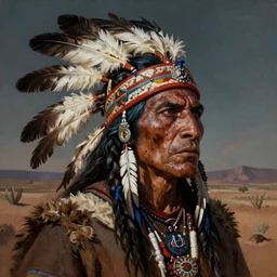 a head and shoulder painting of a rugged scary looking American native Apache warrior with an eagle feather in his braided head-ban with a Oklahoma desert background, in the style of Ace Powell, insanely detailed, extremely moody lighting, glowing light and shadow, atmospheric