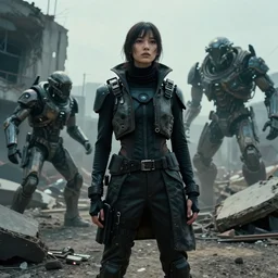 film, detailed photoreal, futuristic cypherpunk model, fashion shoot in war zone, crumbling buildings, titanfall irl, hawken, pacific rim, flat color profile low - key lighting award winning photography arri alexa cinematography, hyper real photorealistic cinematic, atmospheric cool colorgrade