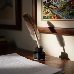 quill pen in ink jar on desk with papers, afternoon light, framed embroidery on wall