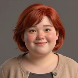 portrait of happy short and plump 5 0 - year - old woman with red hair and, kind face, round face, short hair, wearing in cardigan, hyper realistic face, beautiful eyes, character art, art by mark brooks, hyperdetailed, cryengine, trending on artstation, digital art