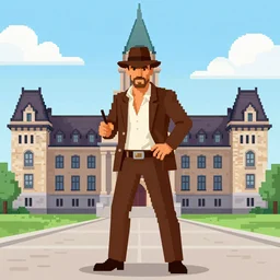 indiana jones at the manitoba legislature, artstation, pixel art,