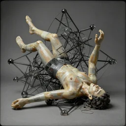 extreme harsh lighting antique daguerrotype of geometric surreal sculpture of a human drowning in its own bad dreams, made of electrical tape and silicone tubing and black glass wire, fractal 3 d structure, sculpted by barbara hepworth and naum gabo, high contrast shocking detail trending on artstation 8 k