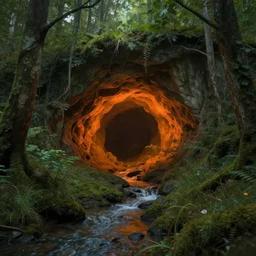 1 1 1 1 cave entrance surrounded by trees with a small water stream coming out of it, orange glow, fantasy, highly detailed, art by greg rutkowski