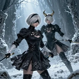 2B from Nier Automata as a cyber punk android fighting A2 as a Viking warrior princess that was frozen in time