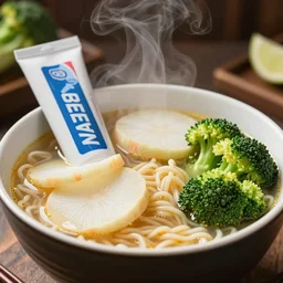a steaming bowl of ramen with weird ingredients, like toothpaste, broccoli and turnips. Food photography, bokeh