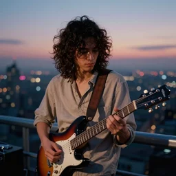 a pretty disco rock young Asian man with messy very long curly dark brown hair playing on jazz guitar, the ufo soft top light, twilight city on the background, by Lubezki, 80mm focal length, anamorphic 80mm lens, city twilight landscape, cinematic, Kodachrome film, 4k