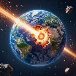 alien tech beam tearing earth goin through core, 8 k, accurate, extreme details, ultra realistic, very vibrant, debris flying everywhere