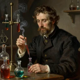a super detailed close - up portrait of a male alchemist sitting at the table in dimly lit medieval lab, medieval lab equipment, vibrant vials, vials with smoke coming out, art by artgerm, john singer sargent, deviantart, karol bak, gustave courbet