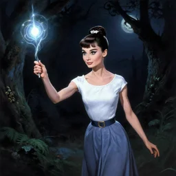 a druid casting a spell in the dark of night, inspired by audrey hepburn and kristen ritter, surreal matte painting, deviantart artstation, by peter mohrbacher, by greg rutkowski