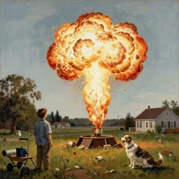 a norman rockwell painting of an exploding dog