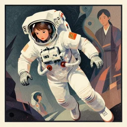 ( ( strong dither ) ), editorial illustration of a young astronaut girl, colorful, modern art deco, mads berg, christopher balaskas, victo ngai, strong texture, dynamic composition, detailed, dramatic lighting, matte print, dynamic perspective, muted color, lomography, muted colors, halftone, risograph
