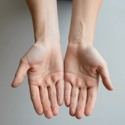 looking down at my own hands. right hand with the palm facing down and the left hand with the palm facing up towards the camera, incredibly detailed, symmetric