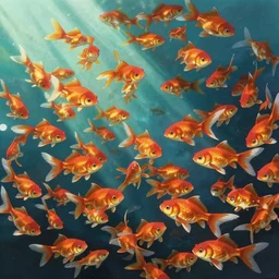 portrait of goldfishes swarming the ocean. shadow and light. rays of light. energetic, dynamic, lively, detailed, intricate, complex. fine art by hayao miyazaki, akita toriyama, and makoto shinkai.