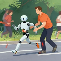 man helping robot run a marathon, artgerm, greg rutkowski and alphonse mucha, artstation