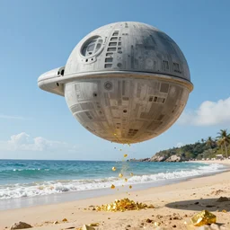 the death star floating above a beautiful beachfront, raining gold, unreal engine rendering, highly detailed