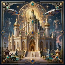symetrical art deco poster illustration highly detailed ornate with jewels and precious metals majestic in the entrance castle kingdom of shambala, space ships, futuristic, land of advanced races, giants, hollow earth, hiperrealistc, global illumination, radiant light, detailed and intricate environment. art by oleg oprisco, 8 k