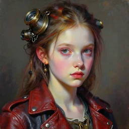 head and shoulders portrait of a young girl in a leather jacket, pale skin, vibrant color, steampunk, high detail, painting by artgerm and ruan jia and frank frazetta and norman rockwell
