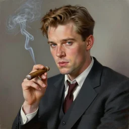 Young Hugo Weaving in a suit smoking a cigar with a pile of sugar in his hand. Realistic Painting, very detailed, trending on artstation, concept art, high resolution