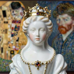 The Queen of Bones by Karol Bak, Jean Deville, Gustav Klimt, and Vincent Van Gogh, portrait of a porcelain princess wearing a crown, beautiful porcelain doll face, pale blue eyes, mystic eye, otherworldly, crown made of bones, ornate jeweled crown, skulls, fractal structures, arcane, inscribed runes, infernal relics, ornate gilded medieval icon, third eye, spirals, rich deep moody colors