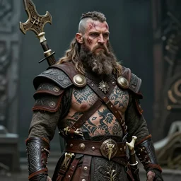 a cinematic view of wide photo from a very ornated old shaman viking berseker, half shaved haircut, showing nordic tattoos in the chest, scars in the face, long beard, using leather armour with bones, photorealistic, volummetric light, detailed, texturized, leica lens high quality