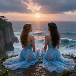 a stunning 3 d rendered landscape of a voluptuous sapho and her friend in gossamer blue dresses sitting on a cliff facing away from the camera in the rain watching the sunrise over the ocean, turbulent ocean in the background, intricate, elegant, highly detailed, artstation, ultra sharp focus, octane render, volumetric lighting, art by greg rutkowski and alphonse mucha