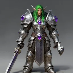 world of warcraft concept art, barbarian warrior woman, green hair, heavy silver armor, with amethysts gemstone details
