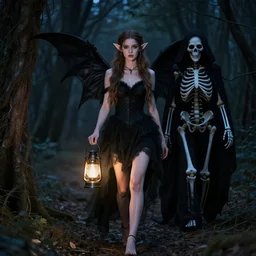 a photo of beautiful woman elf walks in night forest holding lantern in hands, hunted by dark fairy demon ghost of death black skeleton in cloak hood, perfect faces