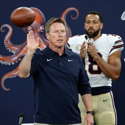 photograph of coach Belichick at a press conference introducing his new starting quarterback, who is half octopus
