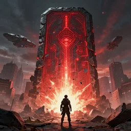 a human standing front of a huge towering and broken stone tablet with red light + alien pattern + an abandoned spaceship, stands in the center of a prosperous city at the end of the world, and the power and energy is explode, secret, mysterious, doomsday, landscape, video game control, quantum break, arknights,